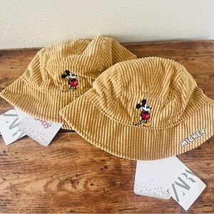 NWT Zara Disney Baby Tan Corduroy Mickey Bucket Hats - Bundle of 2